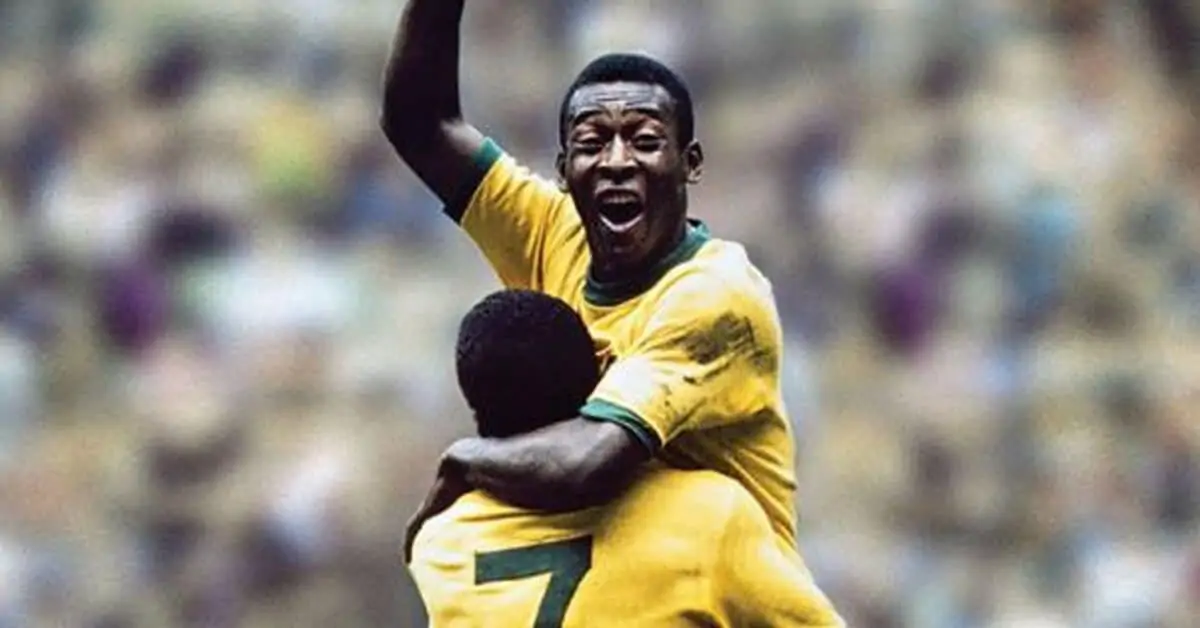 One of the forwards in soccer, Pele, celebrates a goal his just scored at the world cup