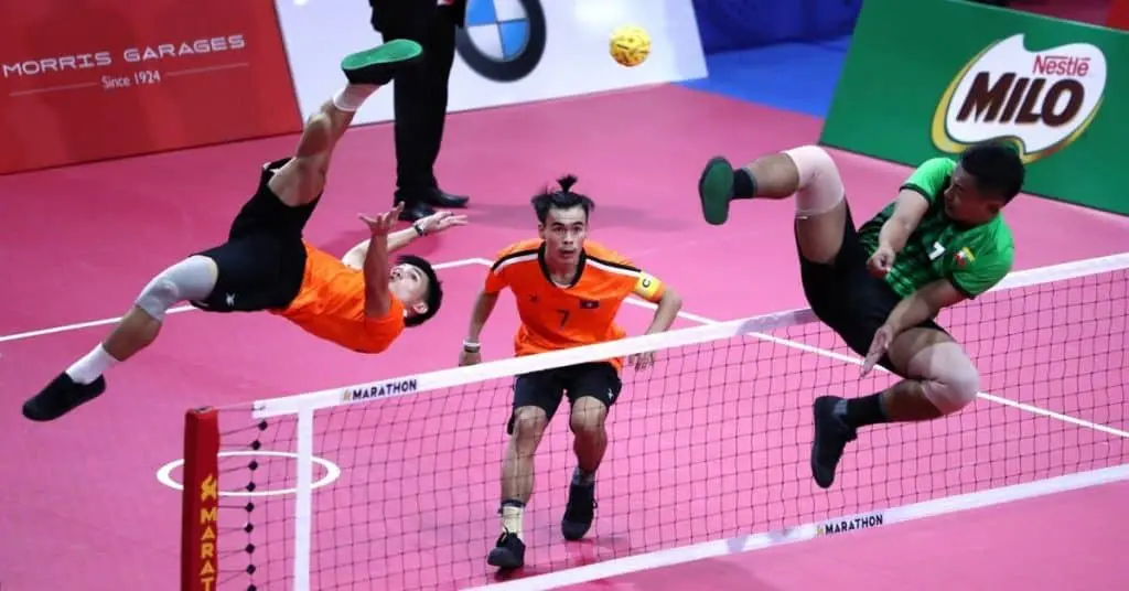 A competitive Sepak Takraw game in action