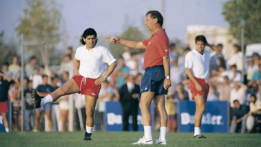 Carlos Bilardo coaching and making his point to the team