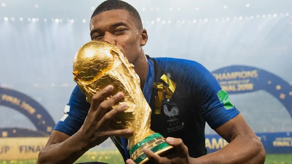 Kylian Mbappe of France celebrates with the 2018 World Cup Victory