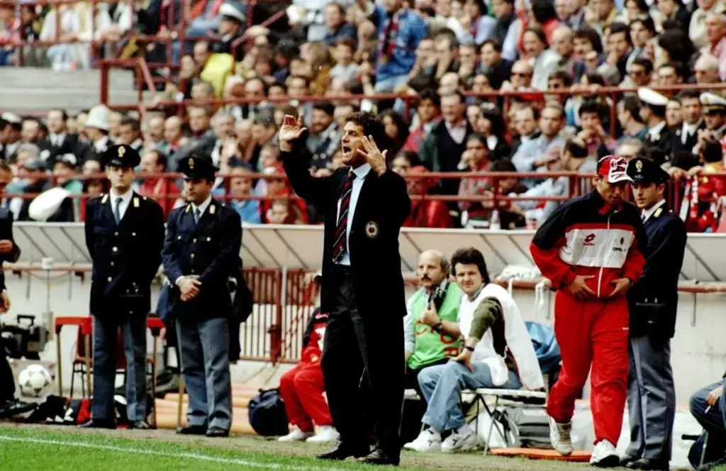 ac milan maanger fabio capello barking instructions to his players from the sidelines