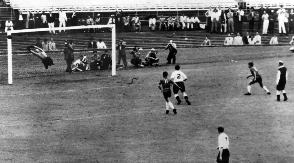 goalkeeper making diving save during the 1950 world cup