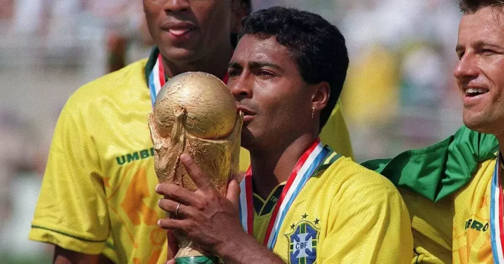 Brazilian forward Romario kissing the world cup trophy