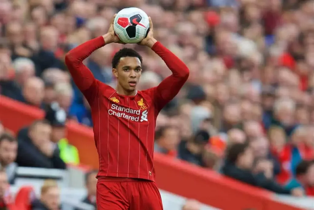 trent alexander arnold taking a throw-in for liverpool