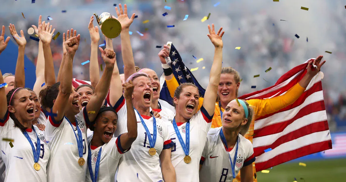 USWNT women's soccer celebrating winning the world cup