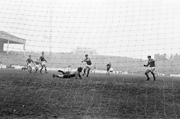 Ian Storey Moore scores for Nottingham Forest against Everton in the 1967 FA Cup quarter finals after Frank Wignall pass