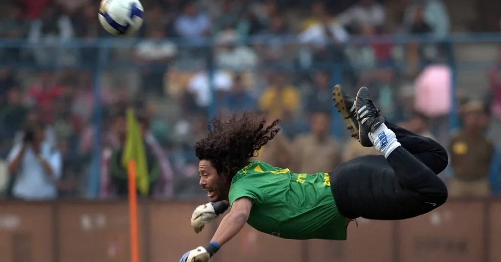 Rene Higuita doing the scorpion kick versus england