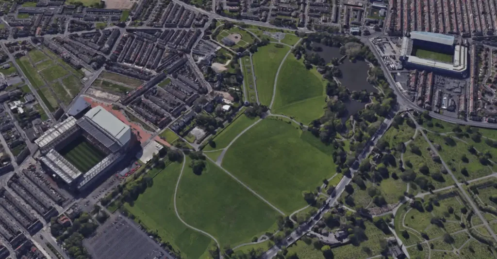 aerial shot of stanley park and surroundings in liverpool