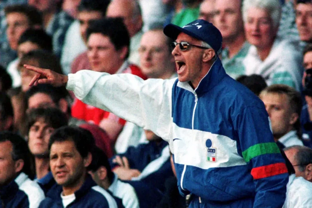italian coach arrigo sacchi shouting from the touchline