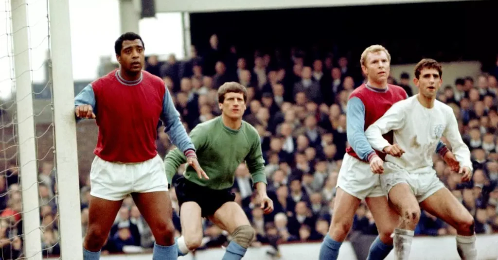john charles west ham united stading at the front post and bobby moore is man marking