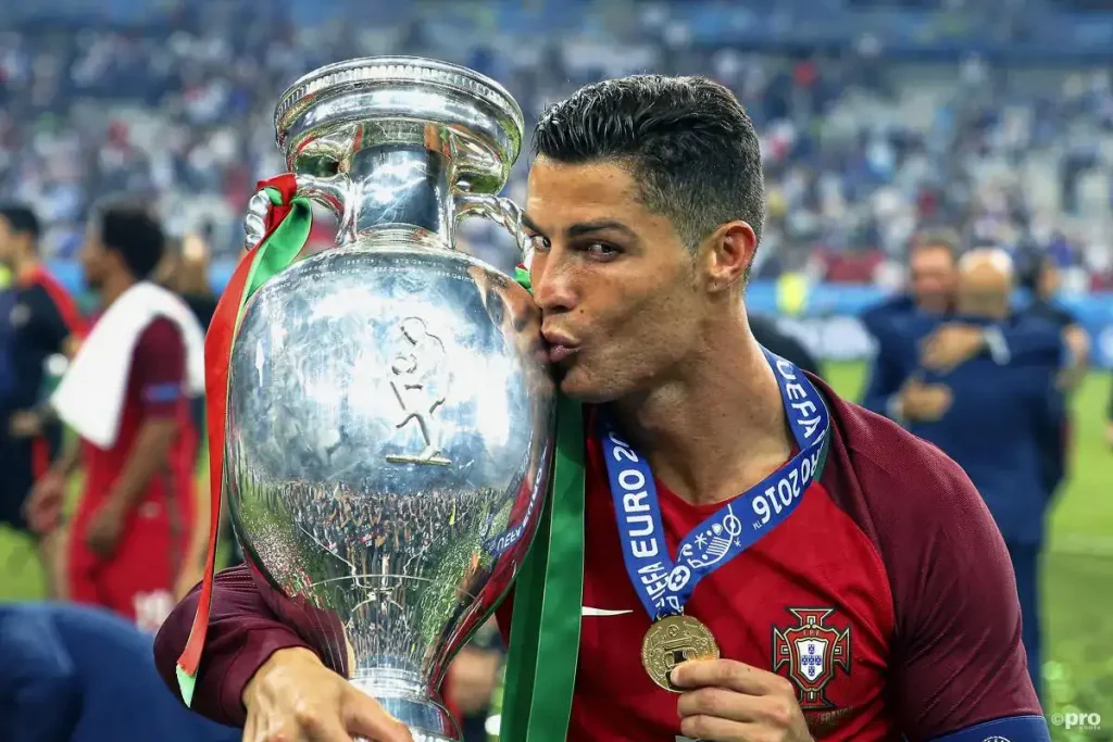 ronaldo kissing the uefa euro cup trophy