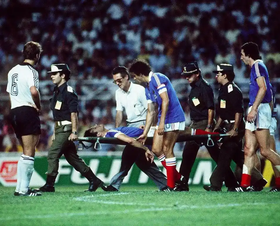 1982 France vs Germany Battison being carried from the field