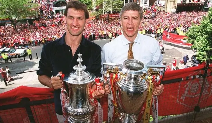 arsene-wenger-and-tony-adams-with-premier-league-fa-cup-trophies