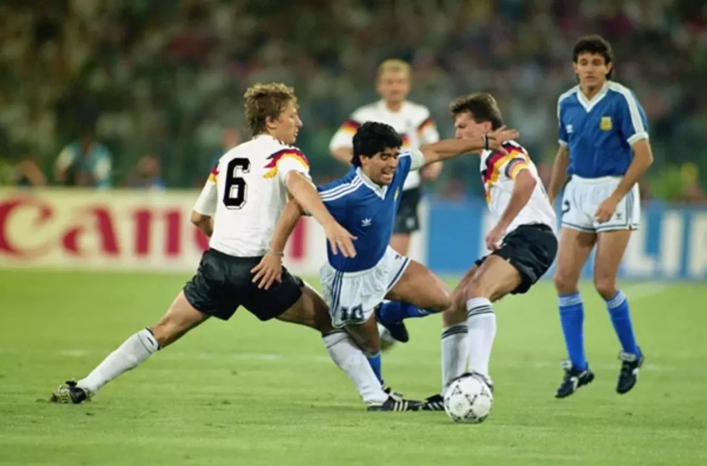 maradona taking on west germany in 1990 world cup final