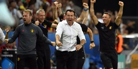 uefa euro championship belgium coaching staff celebrate