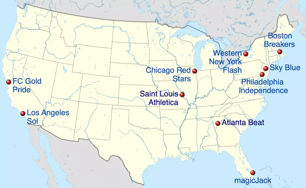 The locations of clubs in the Womens Professional Soccer League