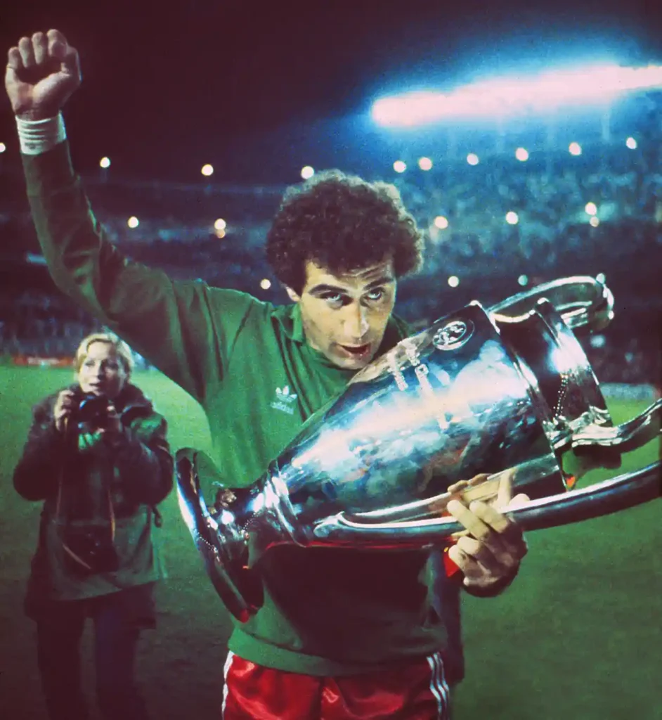 Peter Shilton celebrates with the European Cup trophy